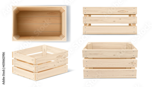 Fototapeta Naklejka Na Ścianę i Meble -  Wooden crate. Wood fruit box, 3d pallet or empty old case for vegetable farm market. Warehouse storage equipment, render isolated elements. Vector realistic objects different side view