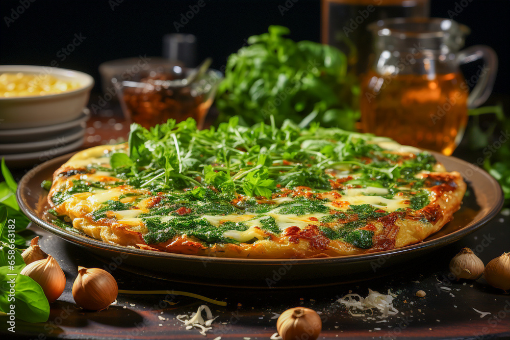 Spinach and Mushroom Omelette on table with kitchen background , AI generated Spinach and Mushroom Omelette on table with kitchen background , AI generated