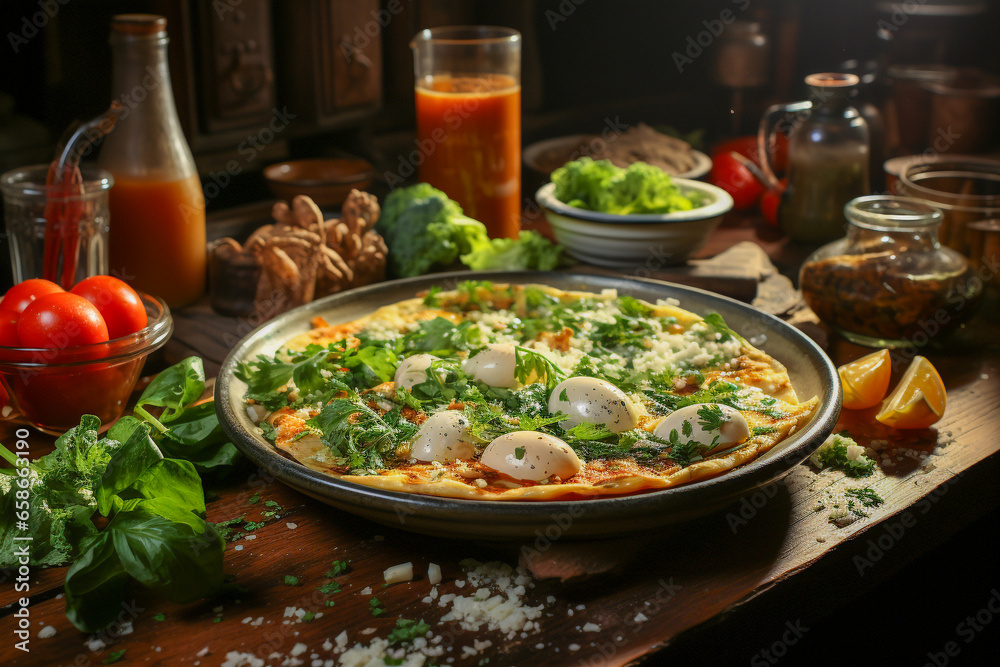 Spinach and Mushroom Omelette on table with kitchen background , AI generated Spinach and Mushroom Omelette on table with kitchen background , AI generated