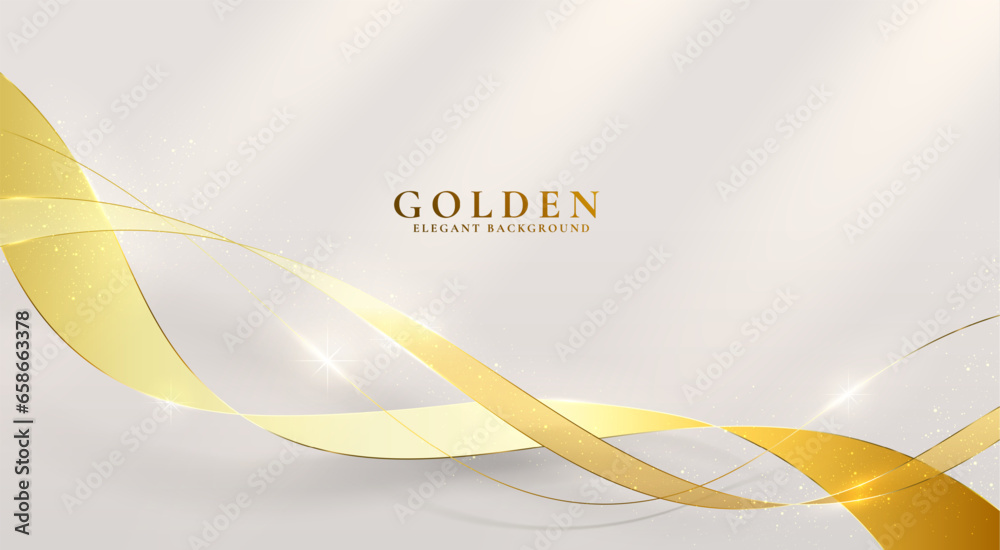 Gold background. Luxury golden waves, abstract premium flow backdrop, 3d light lines, gradients and metal glitter. Curved lines. Elegant presentation banner. Vector template, realistic element