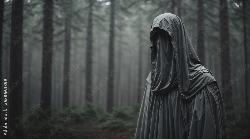 Eerie ghost figure looming amidst the trees in a forest Eerie ghost figure looming amidst the trees in a forest