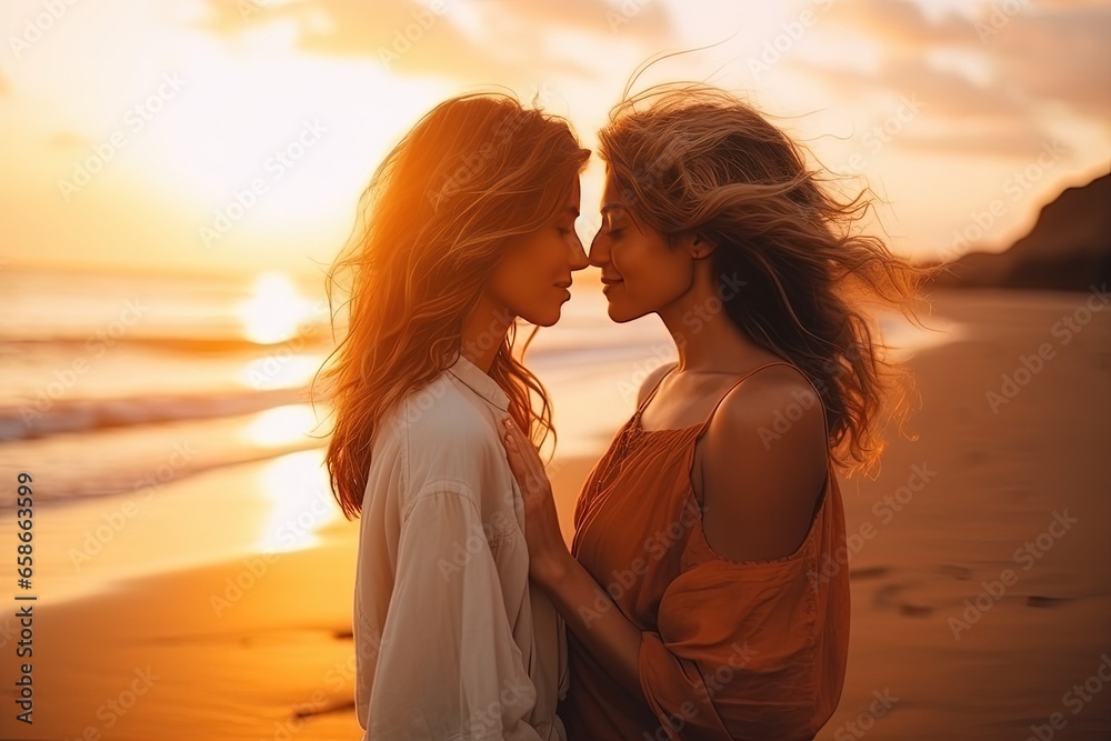 Loving lesbian couple on the beach during sunset. Summer vacation together. Love, ocean, female couple embracing in nature. Romantic moment of a loving couple.