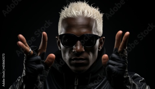 A black guy raps and gestures with his hands, an Afro man with white hair in a black jacket. AI generation 