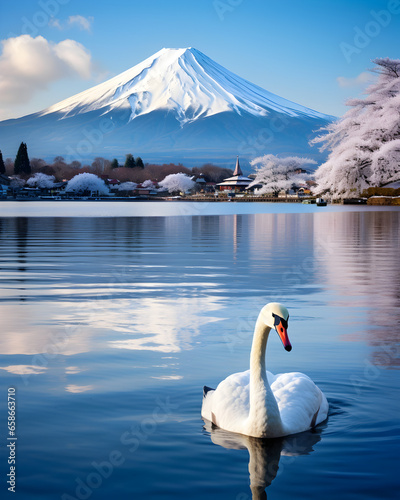 Generate an image that showcases a majestic  snow-capped mountain  resembling Mount Fuji  in the backdrop.