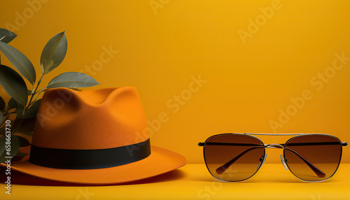 Sunglasses With Hat On Yellow Background