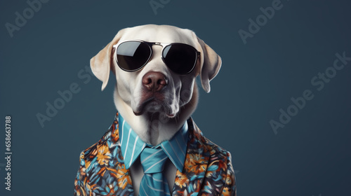 Labrador Retriever dog wearing funky fashion dress and glasses. Dog posing as model © Melipo-Art