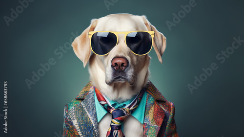 Labrador Retriever dog wearing funky fashion dress and glasses. Dog posing as model © Melipo-Art