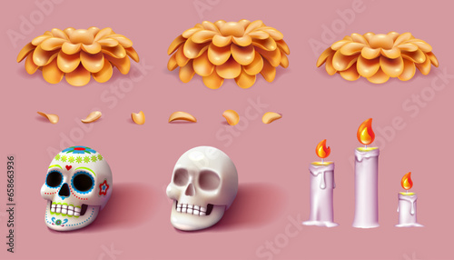 Dia de Muertos. 3D Dead day. Flowers and marigold petal. Mexican death holiday. Candles with flames. Catrina skull. Skeleton bone. Carnival in Mexico. Vector isolated render elements set