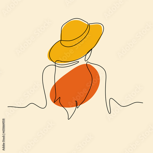 Girl posing from behind wearing a summer hat. Minimalist modern continuous line art portrait. For wallpaper print. Beauty salon art print. Concept Vector illustration