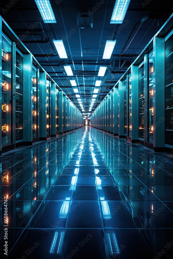 Fototapeta premium Futuristic data center room full of racks with servers