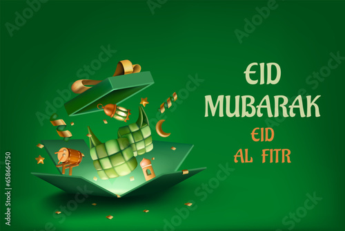 3D gift box. Ramadhan ketupat. Green gift box. Ramadan greeting card. Lebaran and lantern. Holiday banner. Festive present. Mosque and drum. Eid Mubarak festival. Vector background