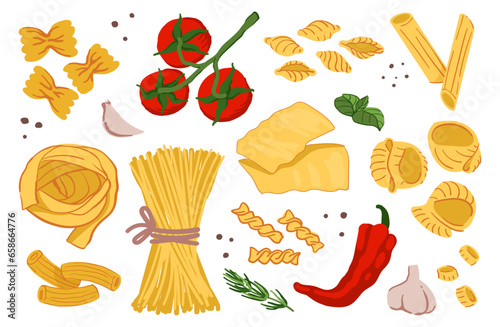 Italian pasta. Spaghetti poster, simple cook collection, nutrition, cute green set, happy nature, raw macaroni and tomatoes. Penne and farfalle. Vector abstract illustration