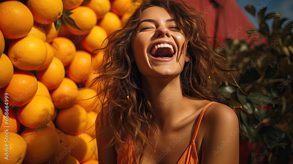 Joyous Joviality in Tangerine. A model laughing with joyous abandon, eyes sparkling with mirth, set against a lively tangerine backdrop. - obrazy, fototapety, plakaty 