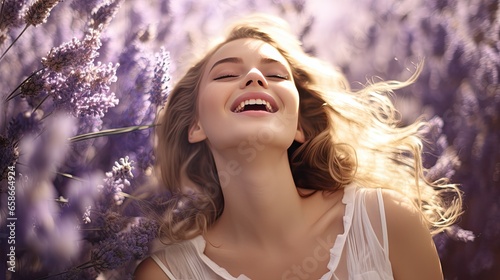 Euphoric Echo in Lavender. A model in a burst of laughter against a dreamy lavender backdrop, capturing an unguarded, euphoric moment.