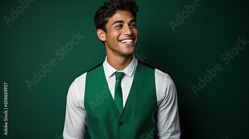 Gleeful Grin in Emerald. Handsome model showcasing a gleeful, toothy grin against a rich emerald green background.