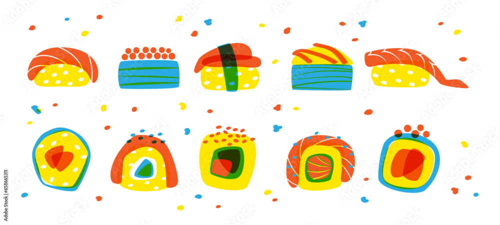 Sushi logo. Japan salmon roll, Japanese Asian art, traditional food poster with fish for restaurant menu. Abstract isolated elements. Seafood covered in nori. Vector isolated flat set Sushi logo. Japan salmon roll, Japanese Asian art, traditional food poster with fish for restaurant menu. Abstract isolated elements. Seafood covered in nori. Vector isolated flat set
