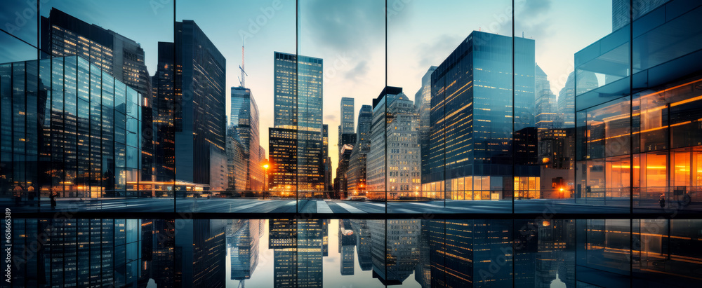 Cityscape of modern city at night with reflection in glass window - obrazy, fototapety, plakaty 