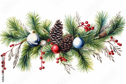 Joyful Holiday Garland  Festive Fir Branches with Gold Stars  Cones  and Red Berries on White