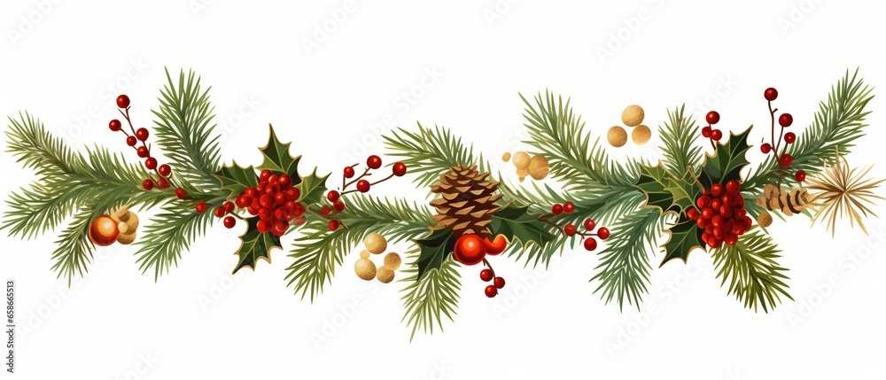 Joyful Holiday Garland: Festive Fir Branches with Gold Stars, Cones, and Red Berries on White Joyful Holiday Garland: Festive Fir Branches with Gold Stars, Cones, and Red Berries on White