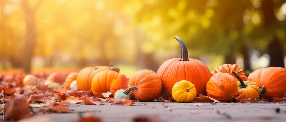 Autumn's Vibrant Palette: Defocused Panoramic Park Scene with Pumpkins and Falling Leaves on a Sunny Day Autumn's Vibrant Palette: Defocused Panoramic Park Scene with Pumpkins and Falling Leaves on a Sunny Day