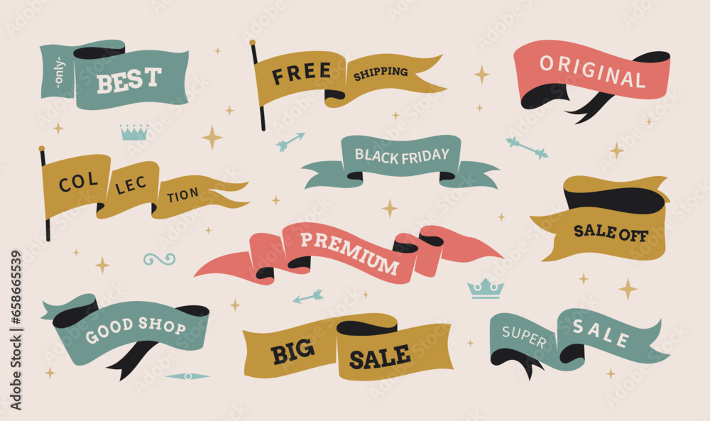 Ribbons. Text logo, graphic flag banner for retro beer label, simple hand drawn shapes. Super sale, good quality phrases. Shopping promotion emblems collection. Special offer. Vector design Ribbons. Text logo, graphic flag banner for retro beer label, simple hand drawn shapes. Super sale, good quality phrases. Shopping promotion emblems collection. Special offer. Vector design