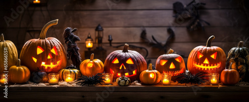 Halloween pumpkins on wooden background, Jack o lanterns