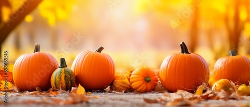 Autumn's Vibrant Palette: Defocused Panoramic Park Scene with Pumpkins and Falling Leaves on a Sunny Day