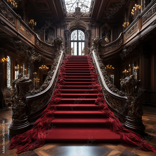 Luxurious Ascent  A Grand Staircase in a Majestic Room red carpet entrance