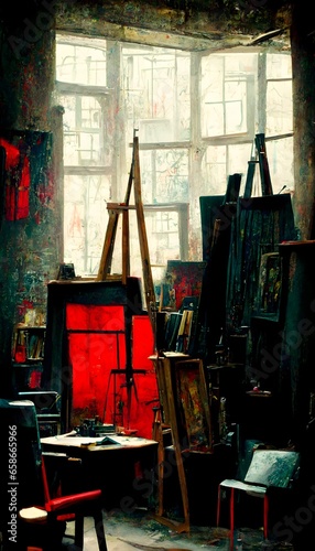 The interior of an art studio in an art school Things in the room easels paints paintings Urban Style neonoir Dominant colors red black gray white 