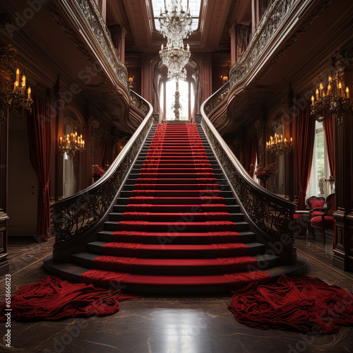 Luxurious Ascent: A Grand Staircase in a Majestic Room,red carpet entrance
