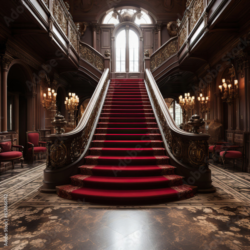 Luxurious Ascent  A Grand Staircase in a Majestic Room red carpet entrance