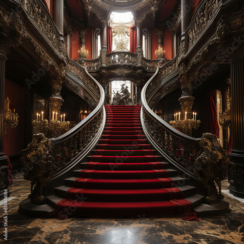 Luxurious Ascent: A Grand Staircase in a Majestic Room,red carpet entrance © Moon