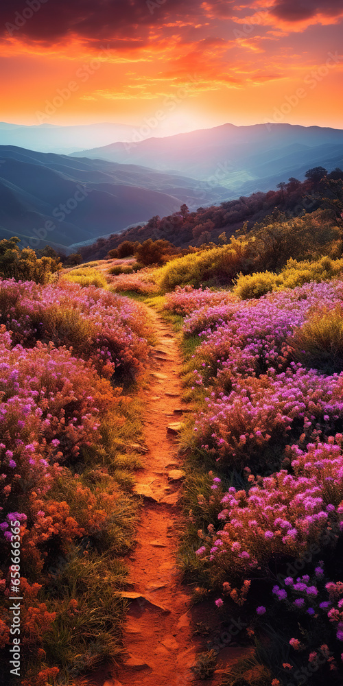 Serenity in Bloom: A Winding Path Through a Field of Red Flowers