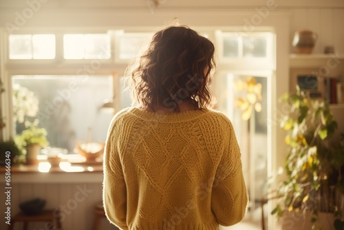 A person, adorned in a cozy sweater and viewed from behind, steps into a charming, sunlit new home, introducing a chapter of warmth, comfort, and beguiling new beginnings. photo