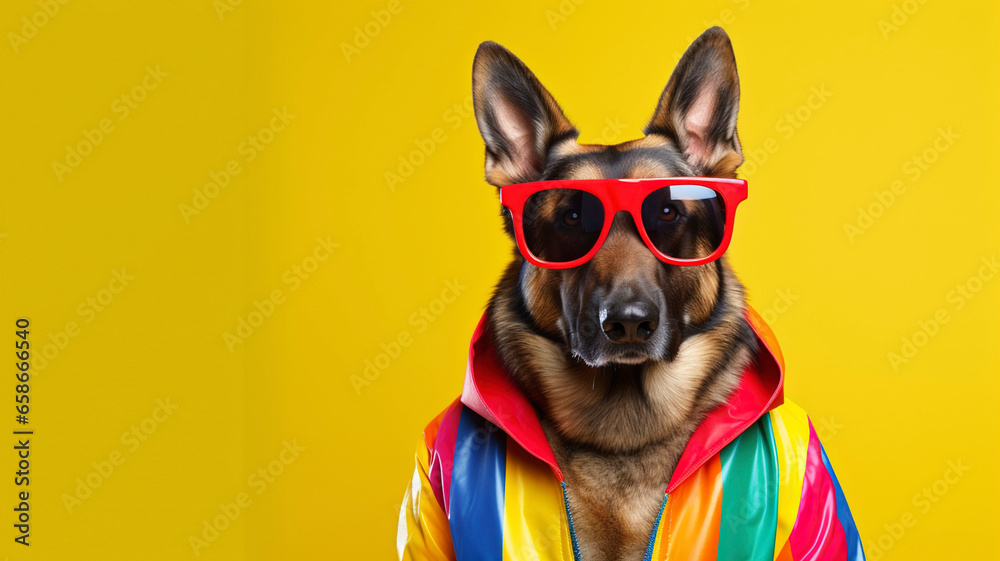 German Shepherd dog wearing funky fashion dress. Dog posing as model