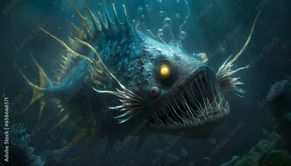deep underwater creature, monster dark teeth, mouth aquatic, fluorescent