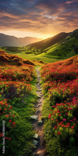 Serenity in Bloom: A Winding Path Through a Field of Red Flowers