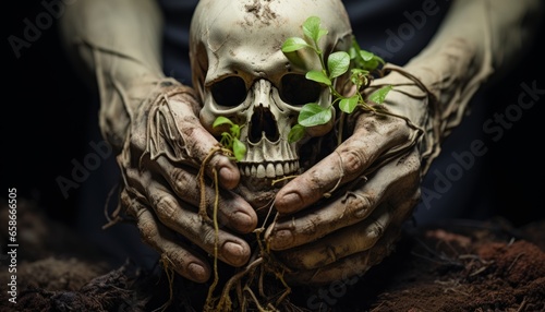 human skull in hands, archaeological excavations. Life and death.