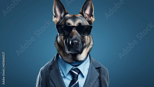 German Shepherd dog wearing funky fashion dress. Dog posing as model