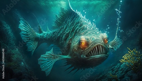 deep underwater creature  monster dark teeth  mouth aquatic  searching