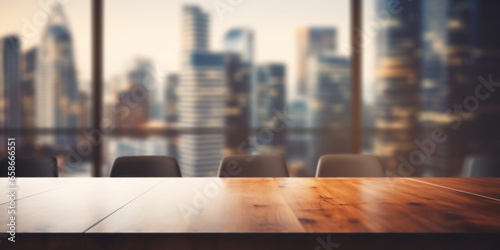 empty wooden table with blurred city view on background ,space for product.
