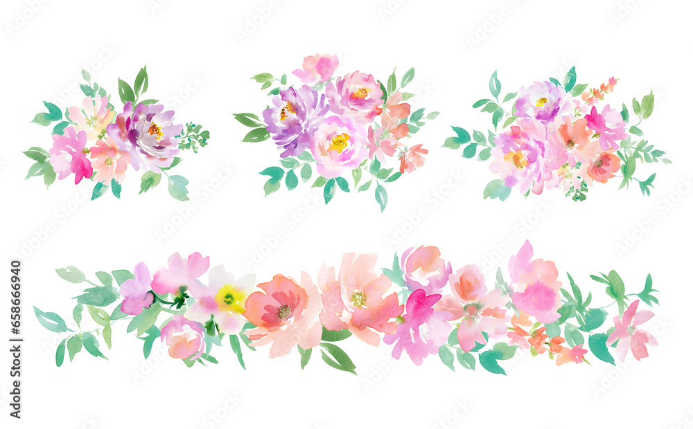水彩で描いたピンクと紫の草花のブーケイラストセット