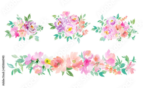 水彩で描いたピンクと紫の草花のブーケイラストセット