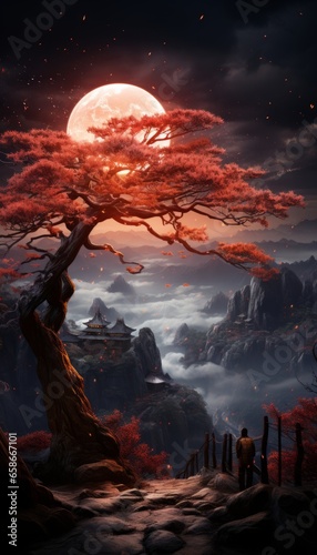a fabulous tree of life grows in the mountains, the sun sets on the horizon of the landscape.