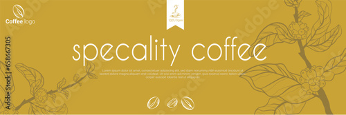 Banner organic coffee Design, template design for coffee roaster concept, bakery banner for eco store and market, flower panoramic background with vector coffee beans illustration in engraving style.