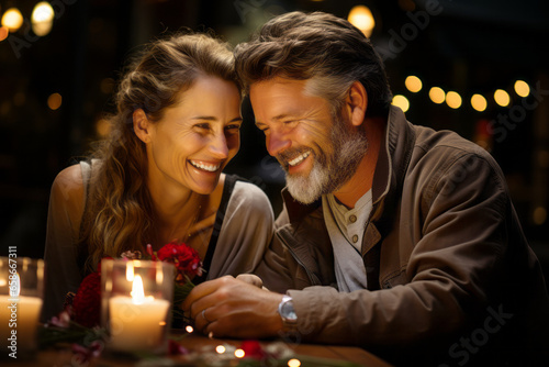 Beautiful loving couple spending time together in a restaurant. Attractive young woman and handsome man having romantic dinner. Celebrating Saint Valentine's Day.