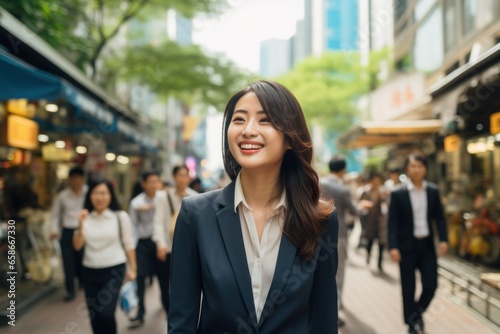 Asian businesswoman smile happy face on city street photo