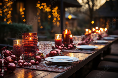 Christmas festive table setting with candles and holly berry plants. Celebrating New Year.