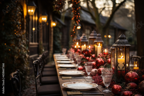 Christmas festive table setting with candles and holly berry plants. Celebrating New Year.