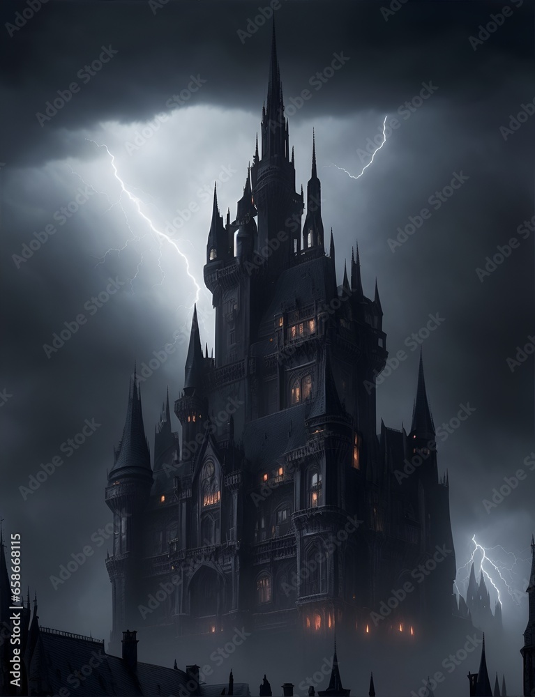 Dark palace in the storm